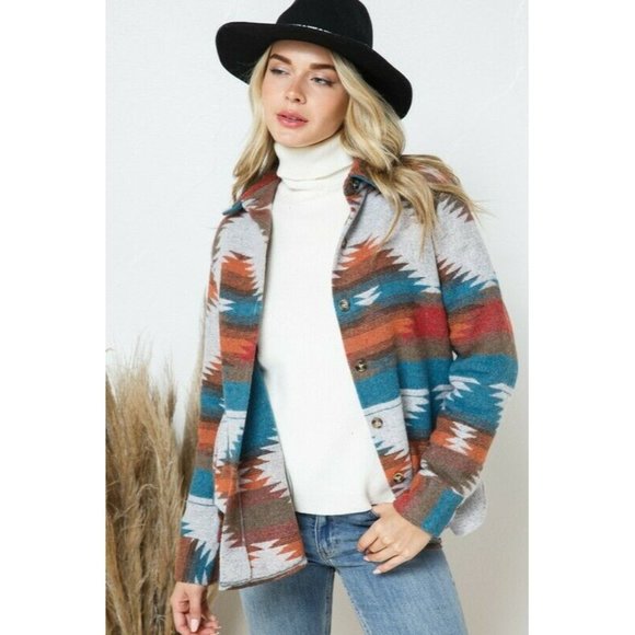 Aztec Tribal Jacket Oversized Heavy Flannel Shacket - Picture 12 of 12